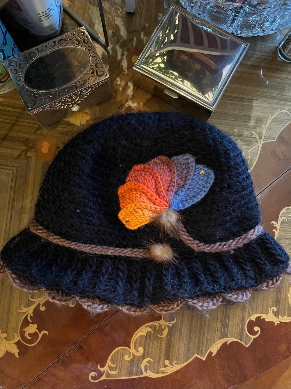 Knit Black hat with Colorful Leaf Accent